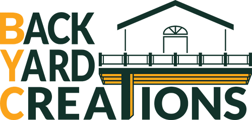 Backyard Creations Logo | Green and orange logo with Back Yard Creations text and house illustration | Backyard Creations | Custom Decks, Porches, and Pergolas