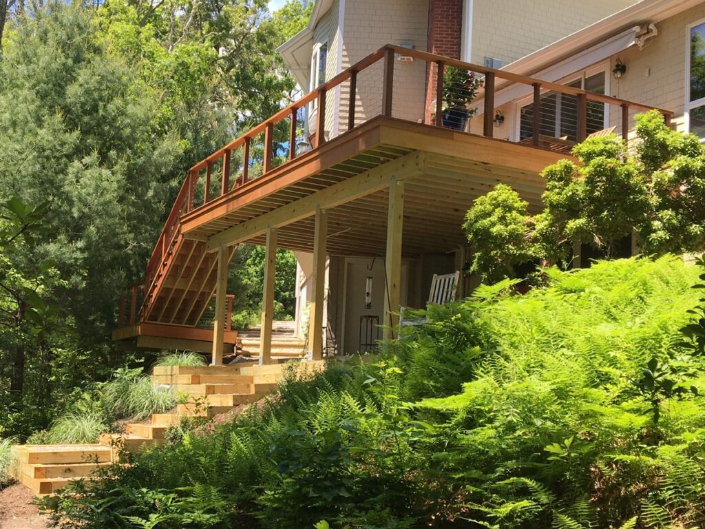 Hardwood Decking | Ipe wood also known as Brazilian Walnut Deck with mahogany stairs leading up to the deck | Backyard Creations | Custom Decks, Porches, and Pergolas