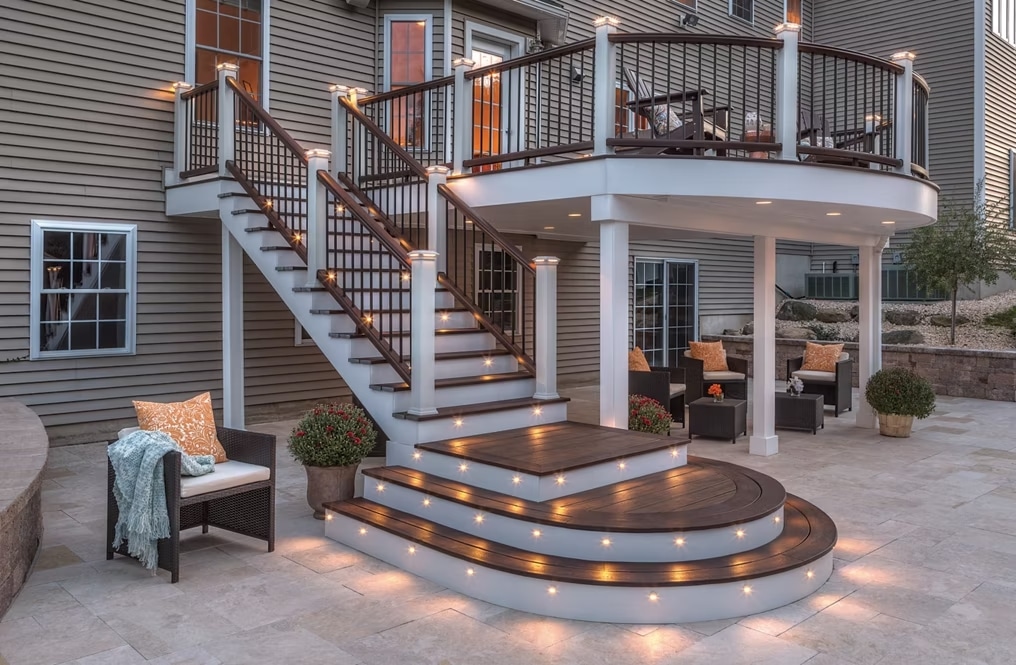 Deck with Outdoor Lighting | Deck with lights leading up stairs and two levels | Backyard Creations | Custom Decks, Porches, and Pergolas