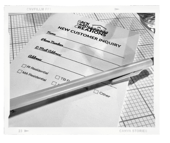Customer Inquiry - Design Process | Inquiry form with pen on top and Backyard Creations logo | Backyard Creations | Custom Decks, Porches, and Pergolas