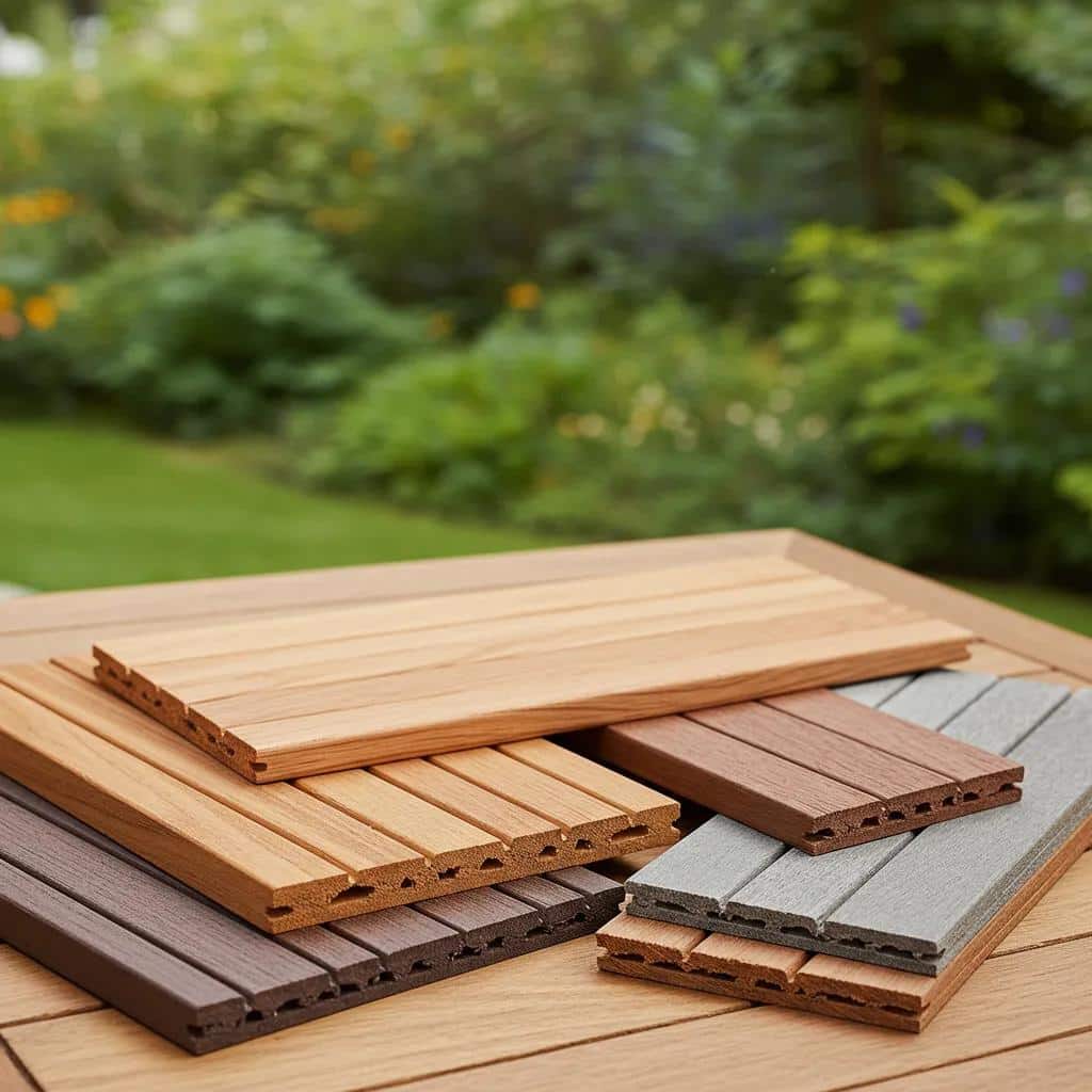 Comparison of decking materials including Trex composite, cedar, and PVC in a natural setting