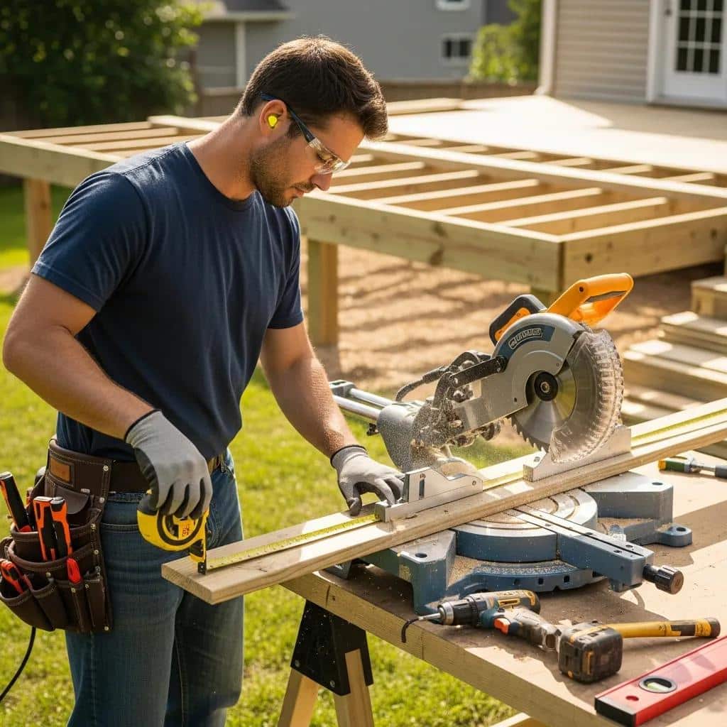 A deck builder taking measurements on site during a custom deck project