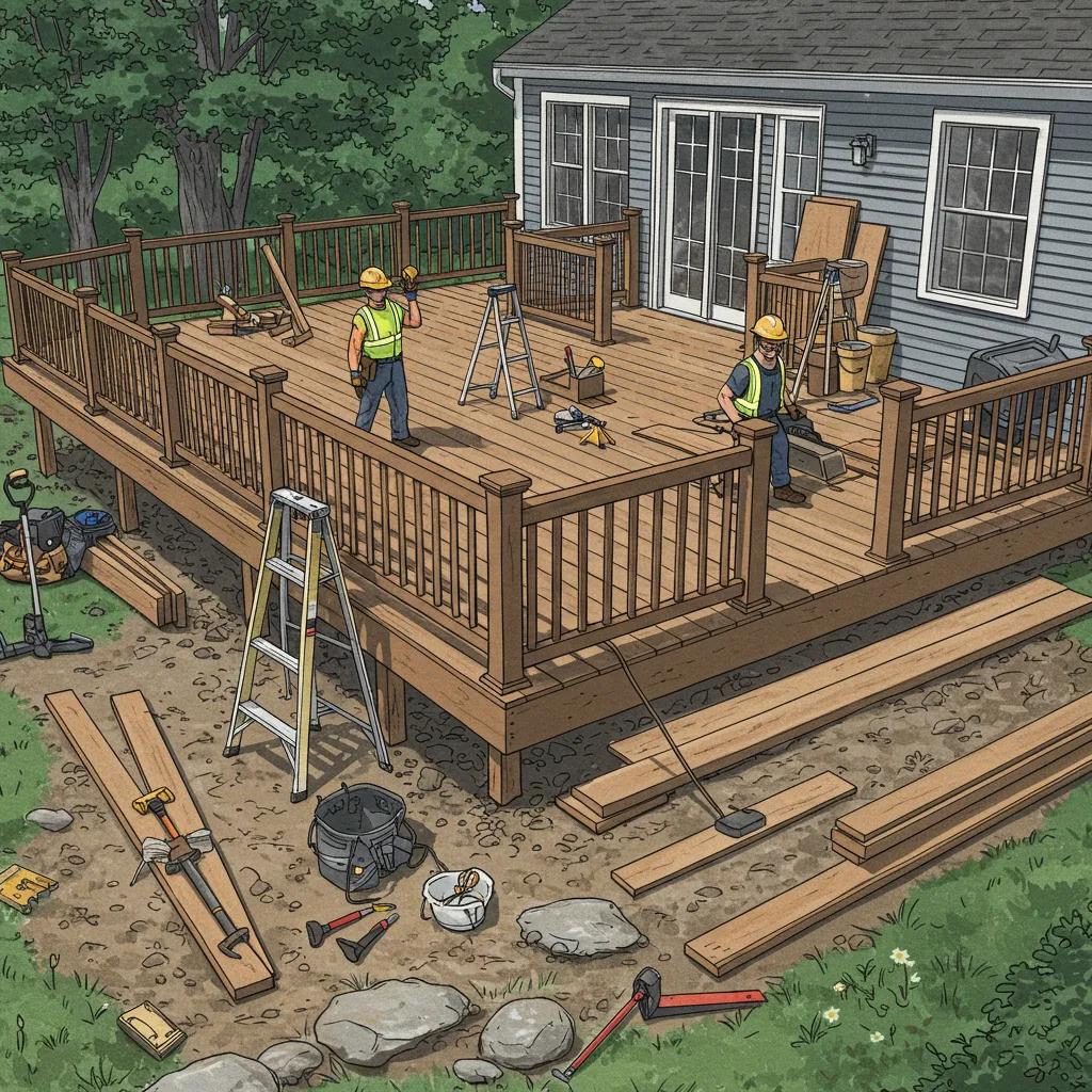 Deck installation process in Rhode Island with workers and materials on site