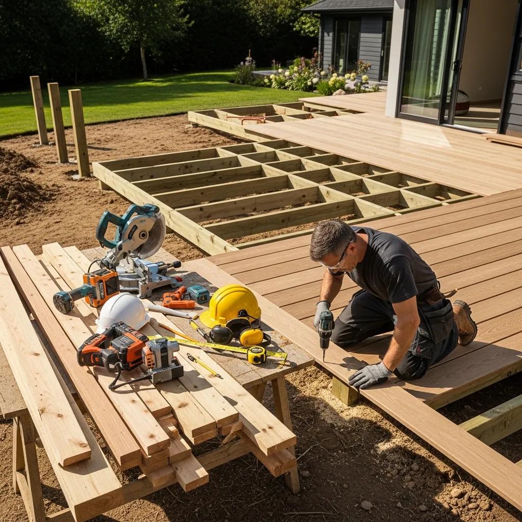 Deck builder on site installing decking materials and framing