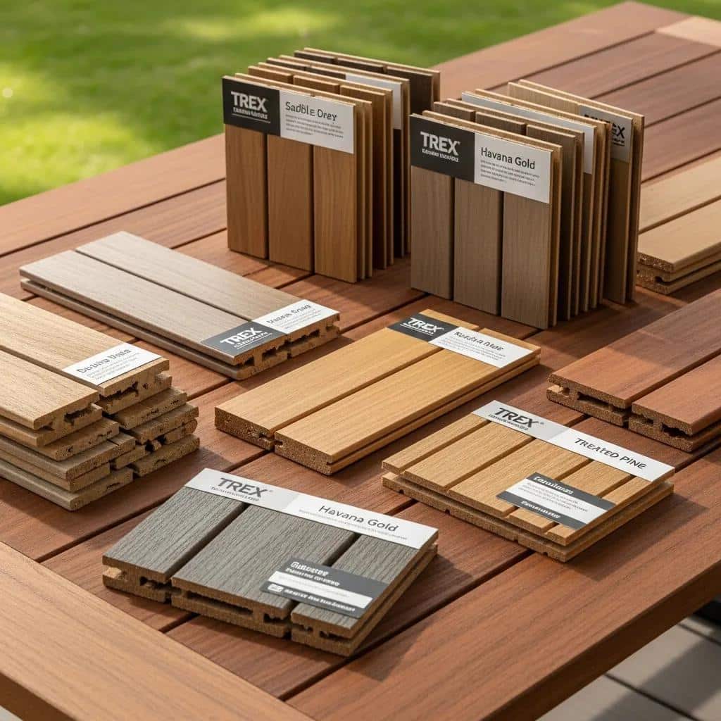 Close-up samples of Trex composite decking and natural wood options