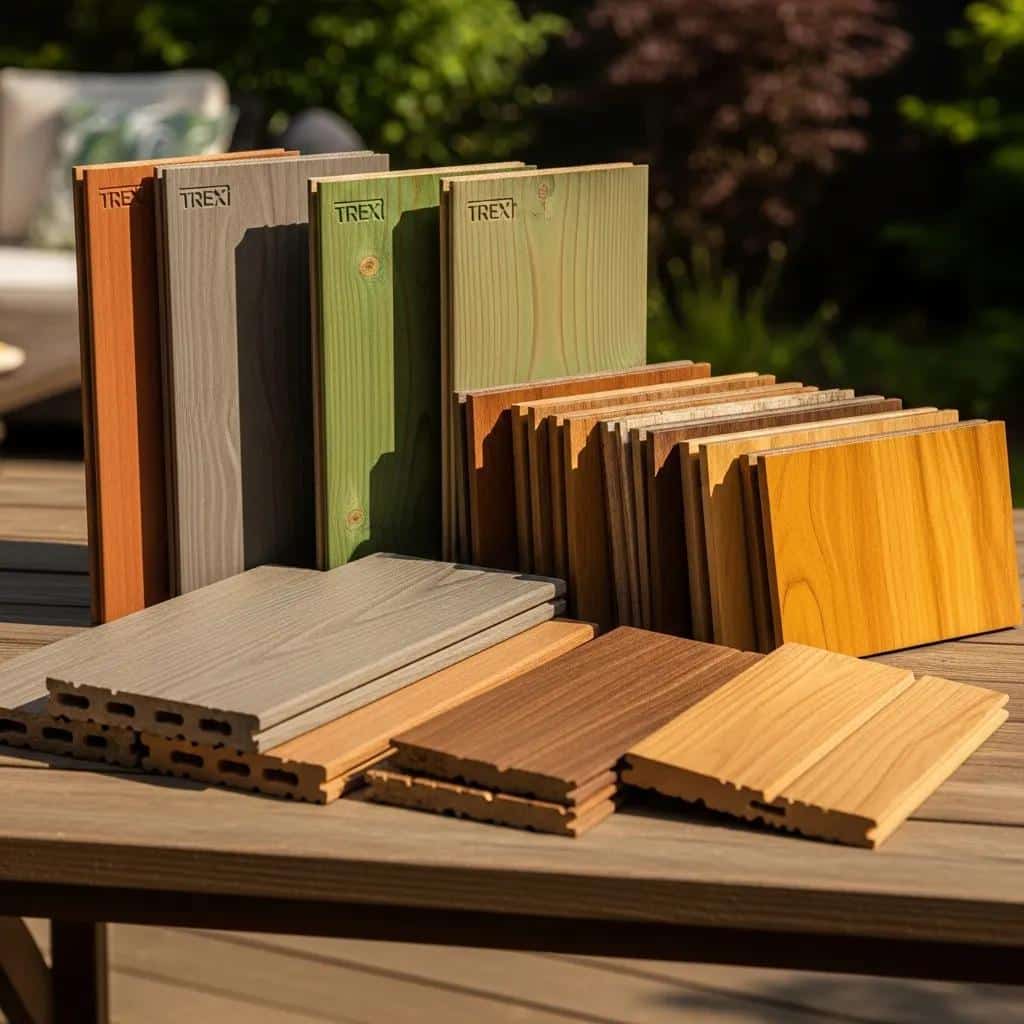 Samples of decking materials: composite, pressure-treated wood, and hardwood options