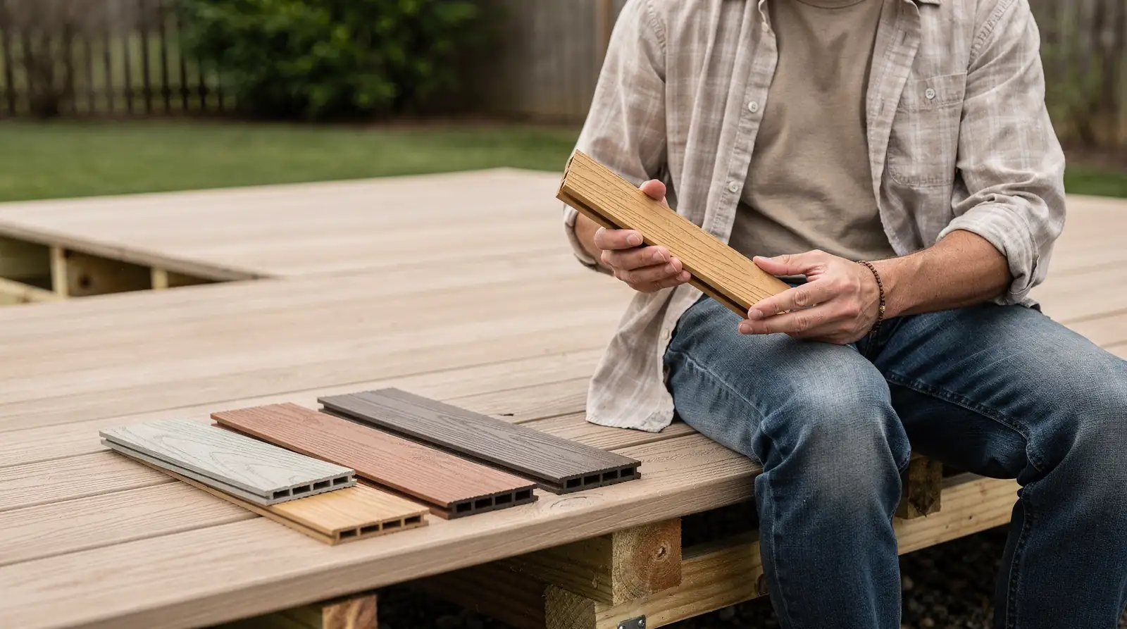 Man examining Trex composite decking samples on a deck in Foster, RI
