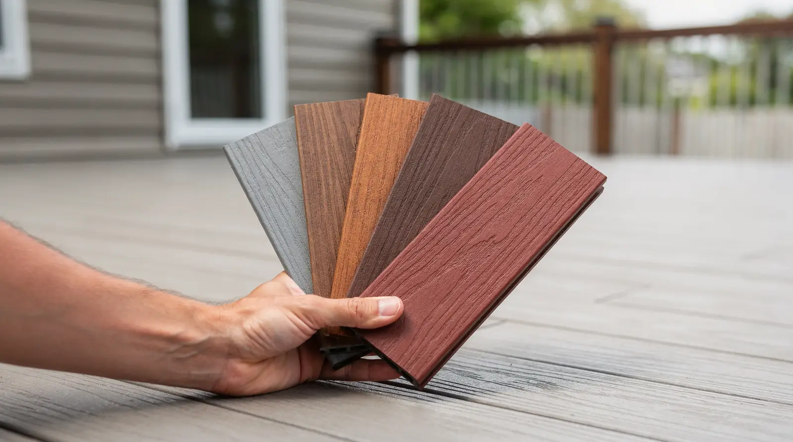 Trex composite decking color samples on a deck illustrating color choice options for Rhode Island