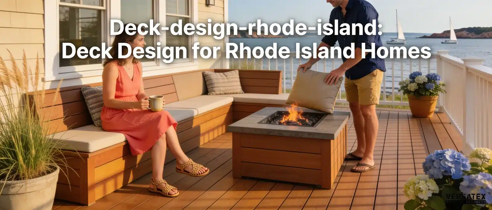 Deck design for Rhode Island homes with outdoor seating and fire pit.
