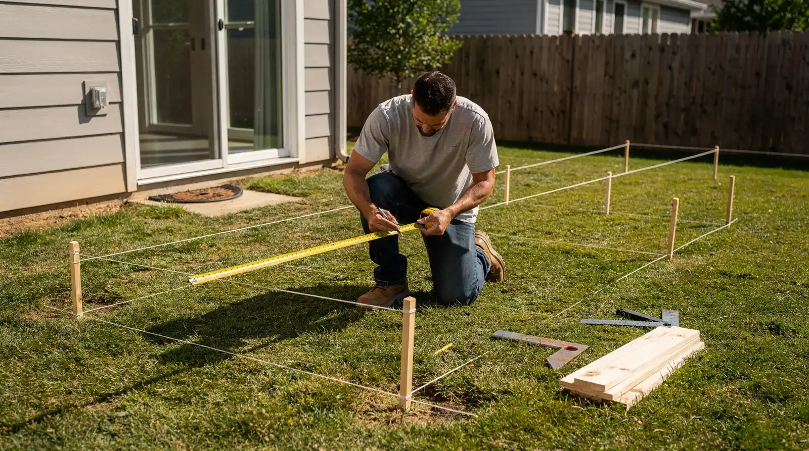 Homeowner measuring deck layout in Rhode Island yard, planning deck size and shape.