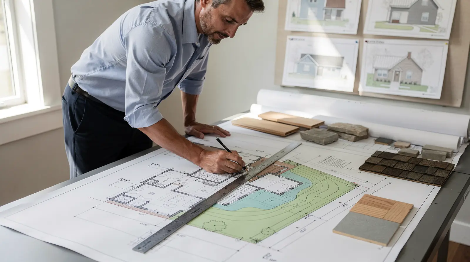 Architect drafting deck layout plans and material samples for Rhode Island homeowners.